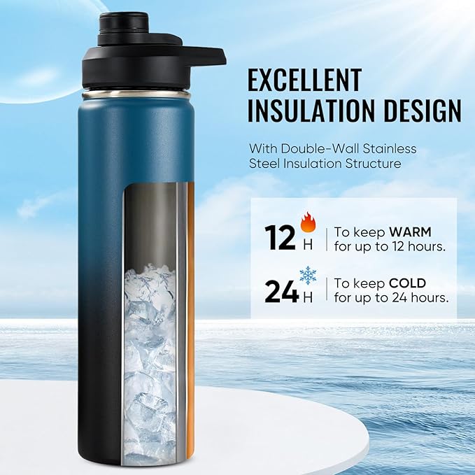 Fijinhom 24 oz Insulated Water Bottle with Handle, 304 Stainless Steel Water Bottles with Wide Mouth, Double Wall Vacuum Sports Water Bottle, BPA Free, Keep Cold and Hot, Blue&Black