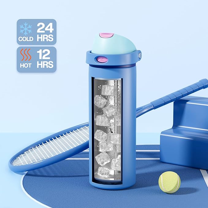 POWCAN 24 oz Metal Sports Water Bottle: 2-in-1 Push-Button Spout & Quick-Flip Straw, Leakproof, Cold 24Hrs, Lockable, Fits Car Cup Holder, Insulated Steel Cup for School, Hiking, Gift (Ohana Blue)