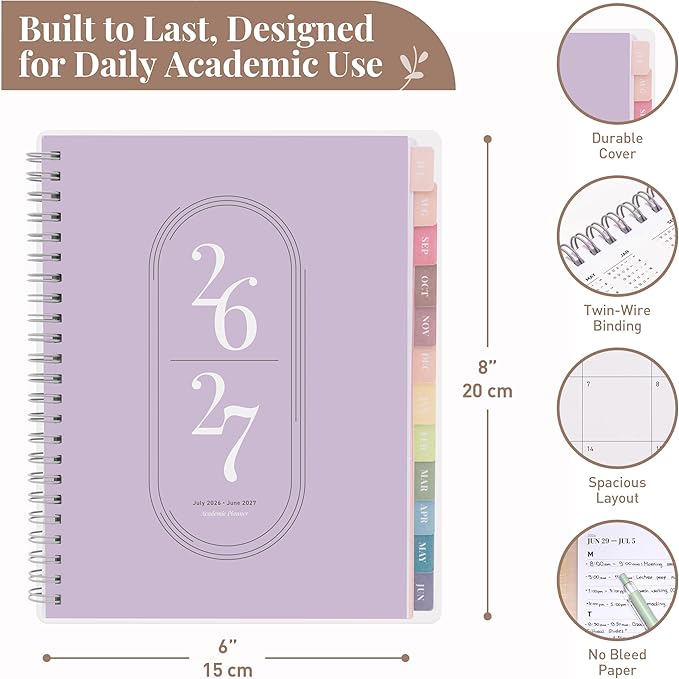 Rileys Academic Planner 2026-2027, Daily, Weekly & Monthly Planner, July 2026 - June 2027, Student Notes Pages, Twin-Wire Binding, Weekly Agenda for School & Work (8 x 6-Inches, Lilac)