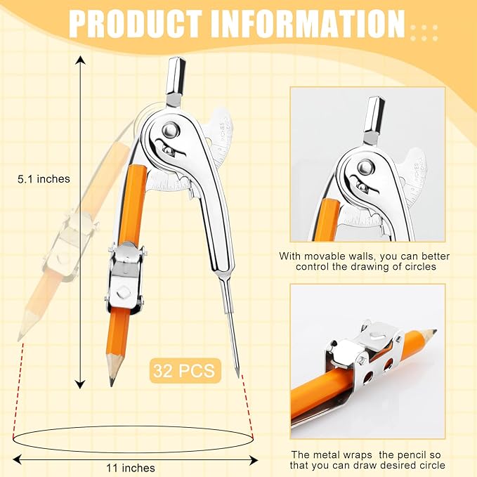 SAYAYA 32 Pieces Compass for Geometry with Pencil, Metal Geometry Drawing Tool 6 Inch Silver Compass for Math Student Classroom School Office Woodworking Art Drawing