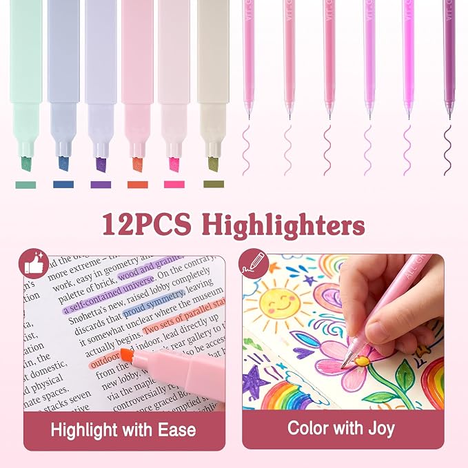 MoKo 49Pcs Aesthetic School Supplies, Pink Cute Pencil Case Set with Pastel Highlighters, Mechanical Pencils with Refills, Eraser & Sticky Notes Tabs Set for Middle & College Students Stationery