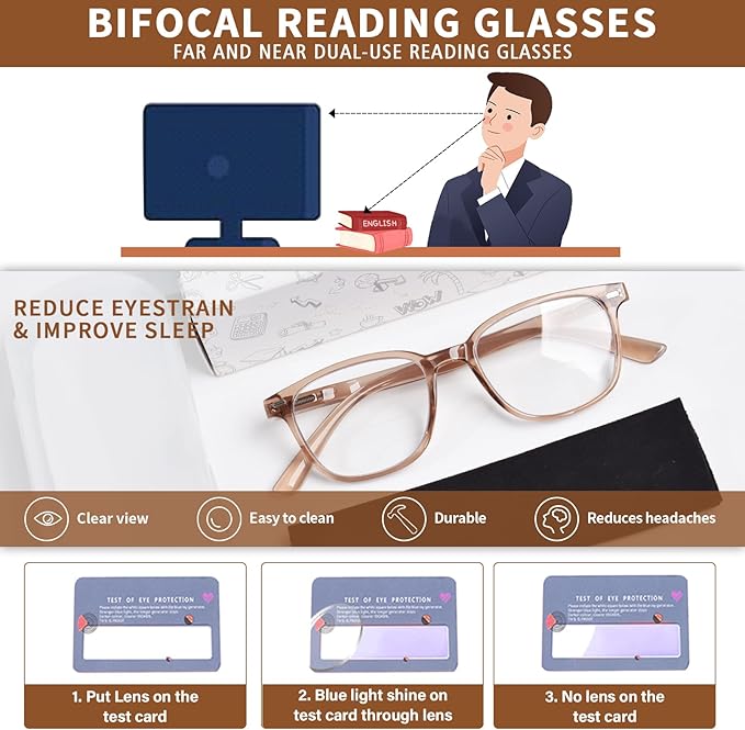 Bifocal Reading Glasses for Women, Blue Light Blocking Computer Readers with Spring Hinges, Retro Square Frame