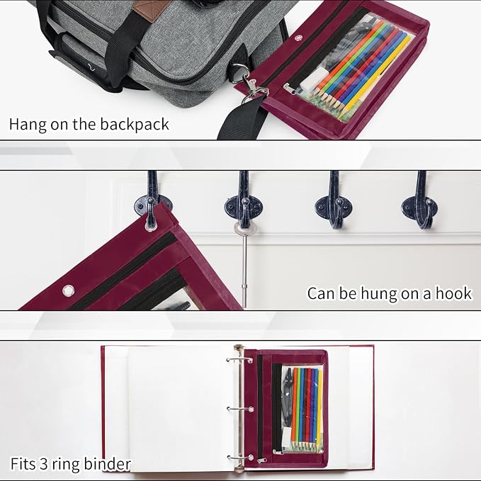 YoeeJob 2 Pack Expandable Pencil Pouches for 3 Ring Binders, Wine-red | 1-inch expansion, 2 clear PVC pockets, 3 holes, large-capacity storage for school and office supplies.