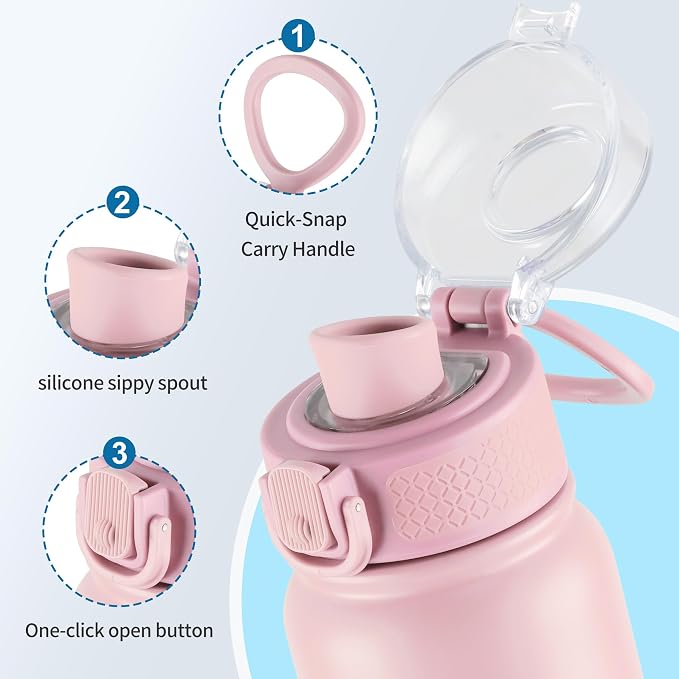 GOPPUS Insulated Water Bottle 20oz Stainless Steel BPA-Free Sports Bottle Ideal for School and Travel Silicone Spout Lid Prevents Leaks, Sweat, and Dust (Pink)