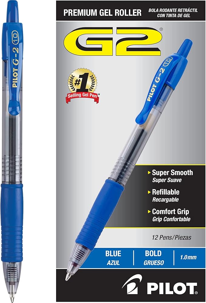 Pilot G2 Premium Gel Roller Pens, Bold Point 1 mm, Blue Ink Pens Bold Point, Pack of 12 - Ideal for School, Journaling, and Office Writing
