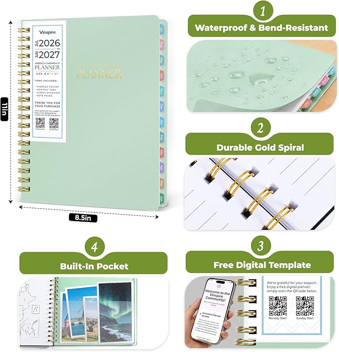 Vinspire 2026 Planner - Yearly, Monthly, and Weekly Planner 2026-2027 for Teachers & Students - Spiral US Academic Year Student Calendar Planners with Notes Pages 2026 Planner Weekly and Monthly - Large (Green, 8.5"×11")