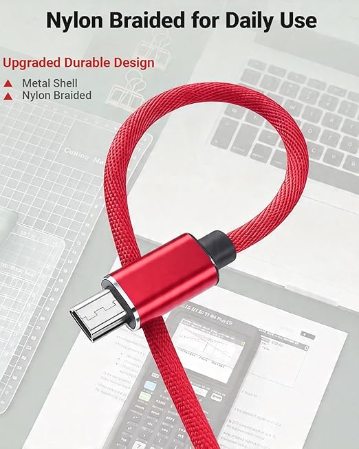 USB Power & Data Cable for TI-84 Plus CE Graphing Calculators, Mini-USB Charging Cord 3.3FT, Nylon Braided, Red