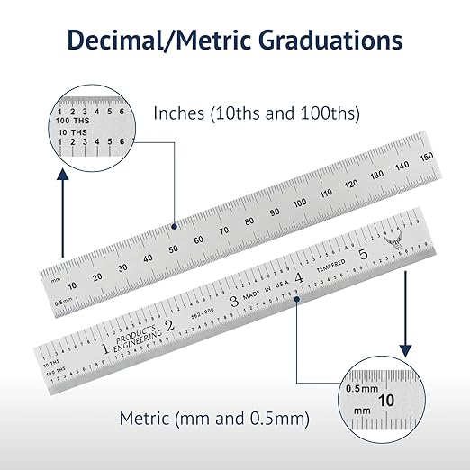PEC Tools 6"/150mm Rigid Metal Ruler, Satin Chrome Carbon Steel Machinist Rule, Decimal & Metric Graduation (1/10", 1/100", 0.5mm, 1mm), Fully Hardened and Tempered, Made in USA