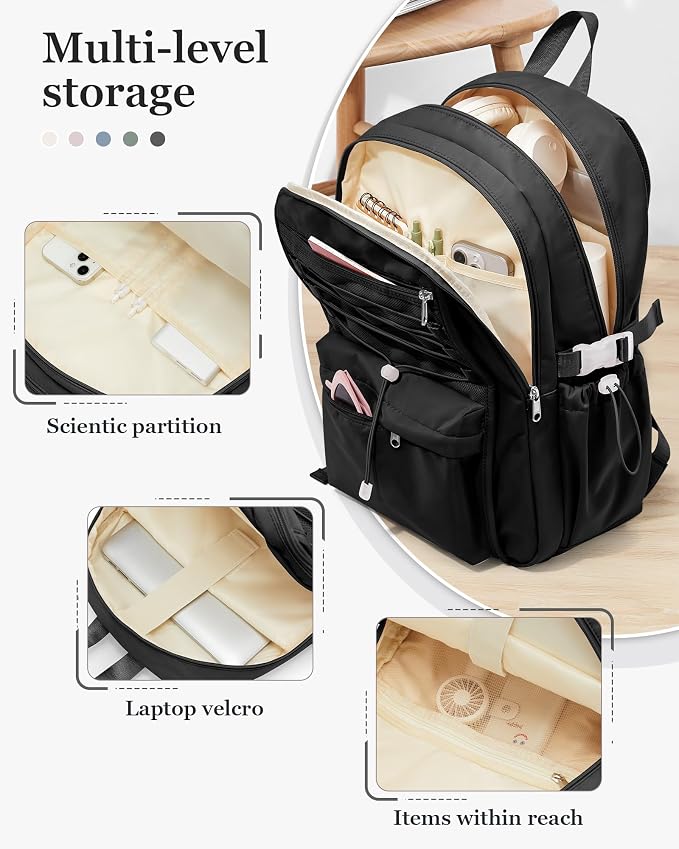 suwasp College Backpack for Women, Waterproof Laptop Backpack Fits 15.6 Inch Laptop, School Bookbag with Water Bottle Pocket, Anti Theft Work Backpack for College, Travel, Commuter, Black