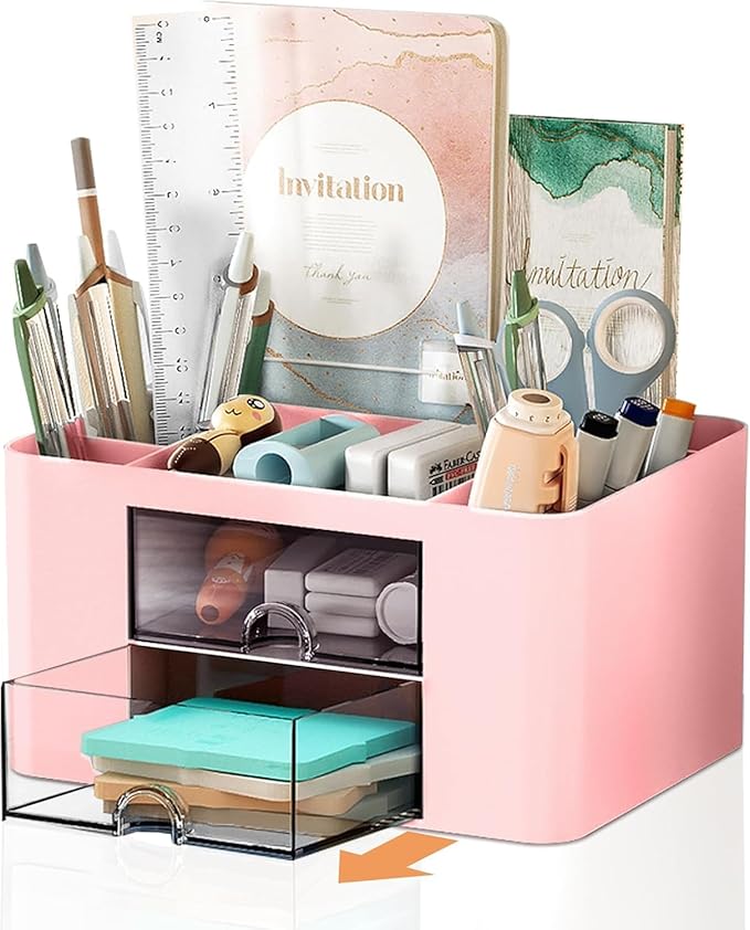 Stationary Organiser 7-Grid Desk Organizer with Drawer – Multifunctional Plastic Table Organizer & Pen Holder for School, Office, and Home (Pink)