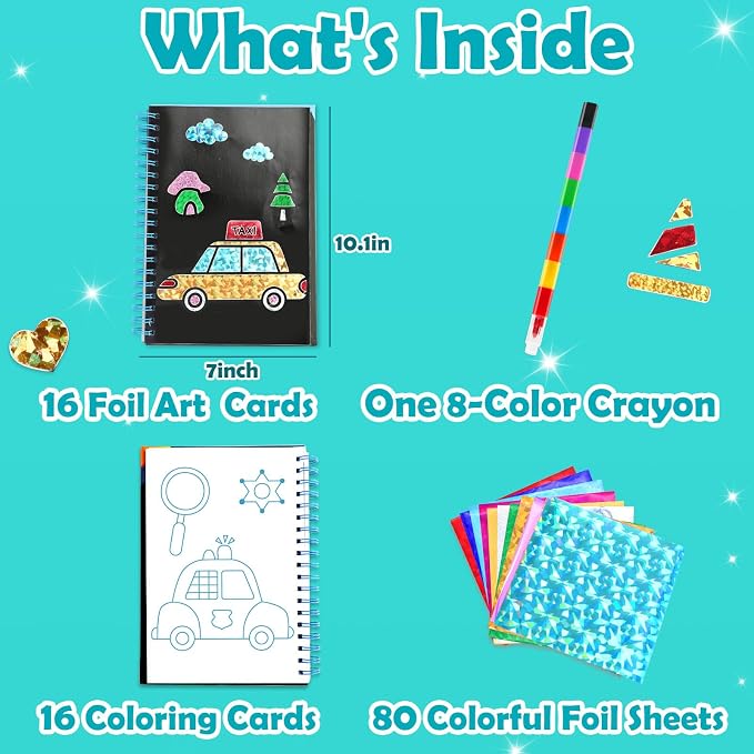 FUNNYB&G Foil Art Craft Kit for Boys 4-10 Years Old: Mess-Free & No-Glue, Create 16 Sparkly Vehicle Pictures – Perfect Travel Toy & Birthday Gift for Kids (Vehicle)