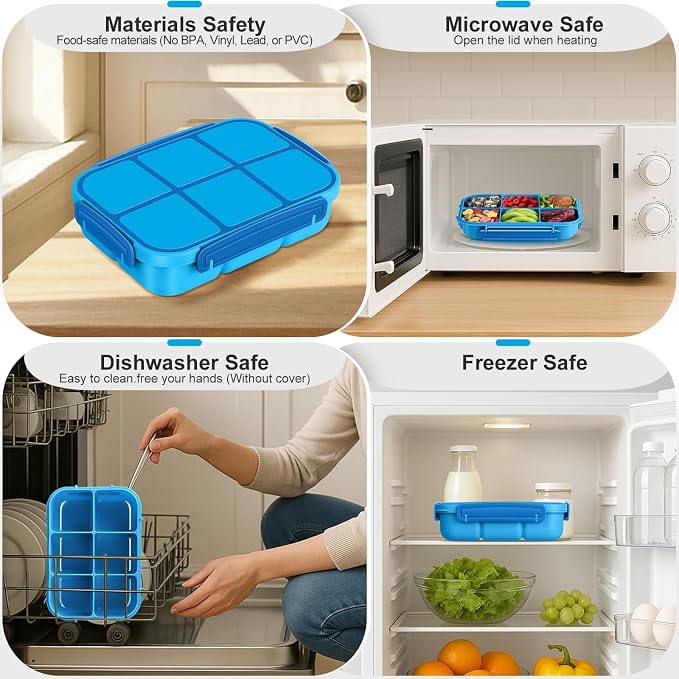 Amathley Lunch Box Kids Girls Boys,Bento Box Adult,Toddler Lunch Containers for School,Leakproof Snack Containers with 6 Compartments,Sauce Container,10 Food Picks and 4 Muffin Cups (Blue)