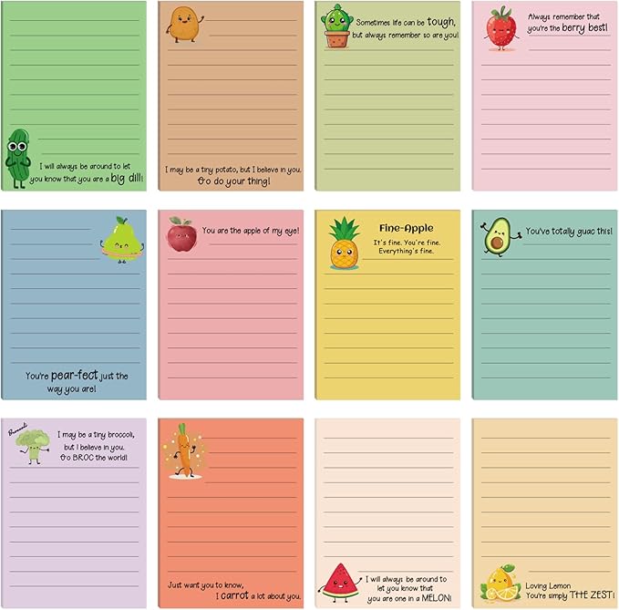 AmazingSpark 12 Pcs Cute Inspirational Sticky Notes, 4*3 Motivational Notepads Positive Emotional Support Gift Funny Lined Memo Note Pads for Office Desk Supplies Coworker Employee(Fruits,Vegetables)