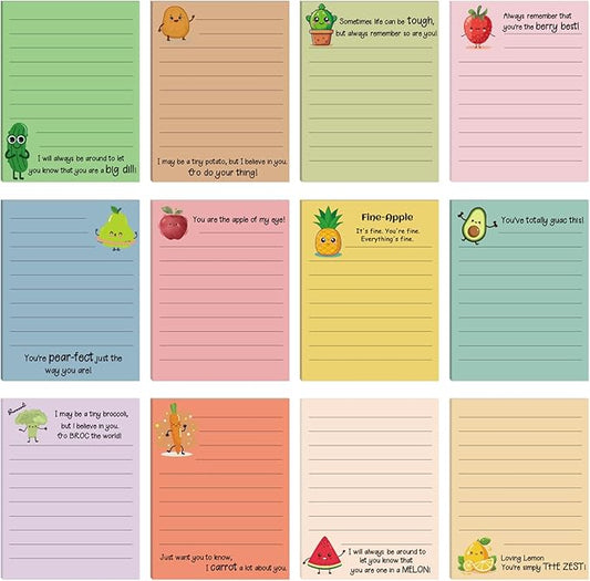 AmazingSpark 12 Pcs Cute Inspirational Sticky Notes, 4*3 Motivational Notepads Positive Emotional Support Gift Funny Lined Memo Note Pads for Office Desk Supplies Coworker Employee(Fruits,Vegetables)