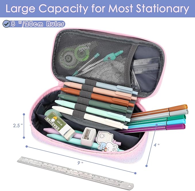 FlowFly Pencil Case for Girls Boys, Large Capacity Pencil Pouch for Kids, Portable Soft Pen Bag for Teen, Glitter