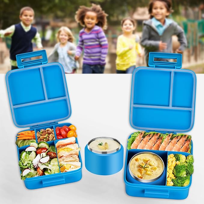 MAISON HUIS Bento Lunch Box with 8oz Soup Thermo, 5-Compartment Leak-Proof Container, Thermo Hot Food Jar and Insulated Lunch Bag, BPA Free,Travel, School (Blue)