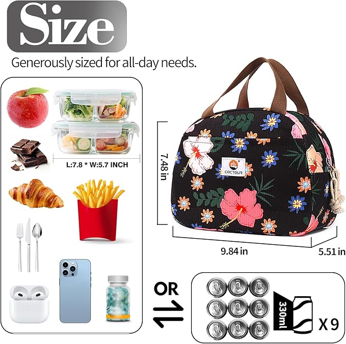 CaCTOUR Lunch Box for Women Girls Teens,Cute Lunch Box Cooler Bag, Portable Insulated Small Lunch Bag Women Reusable Corduroy Lunch Tote for Work/Travel/Picnic/School (Flower)