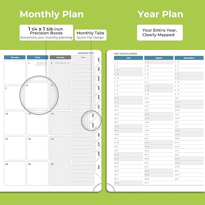 Planner 2026-2027 Daily Weekly and Monthly,8.5"x6.5",18 Months Spiral Bound Calendar Agenda with Self-adhesive Pen Holder,2026 Academic Plan with Vegan Leather Soft Cover,Wasabi Green