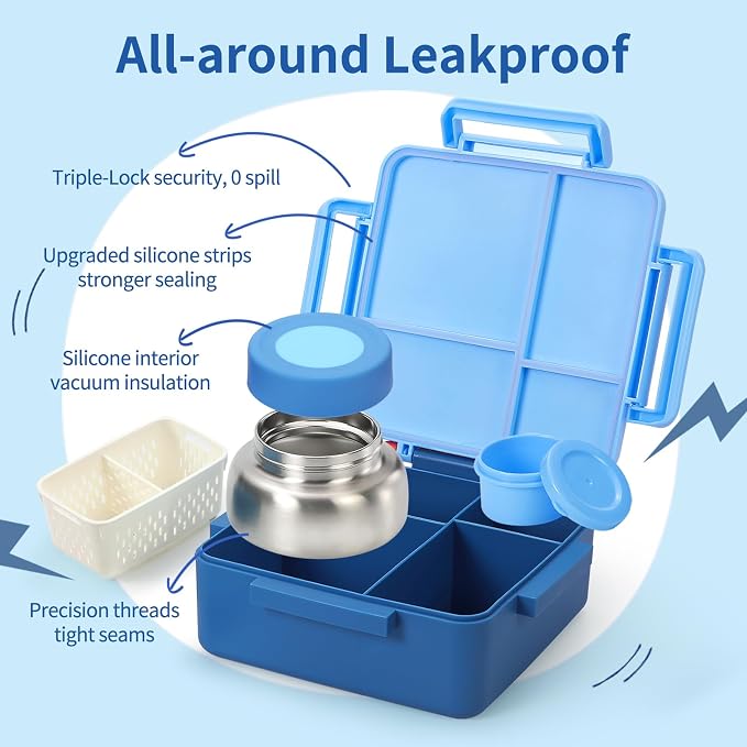 Bento Box for Kids with Thermos, [Large Capacity] Insulated Kids Lunch Box with 4 Compartment for Ages 3+, Drop-Proof & Dishwasher Safe Lunchbox Container Blue