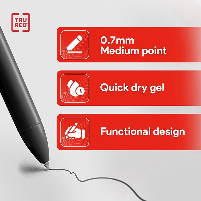 TRU RED Retractable Gel Pens, Medium Point 0.7mm, Black Ink, 12 Pack – Quick‑Dry Pens for No‑Smear Notes & Office Writing