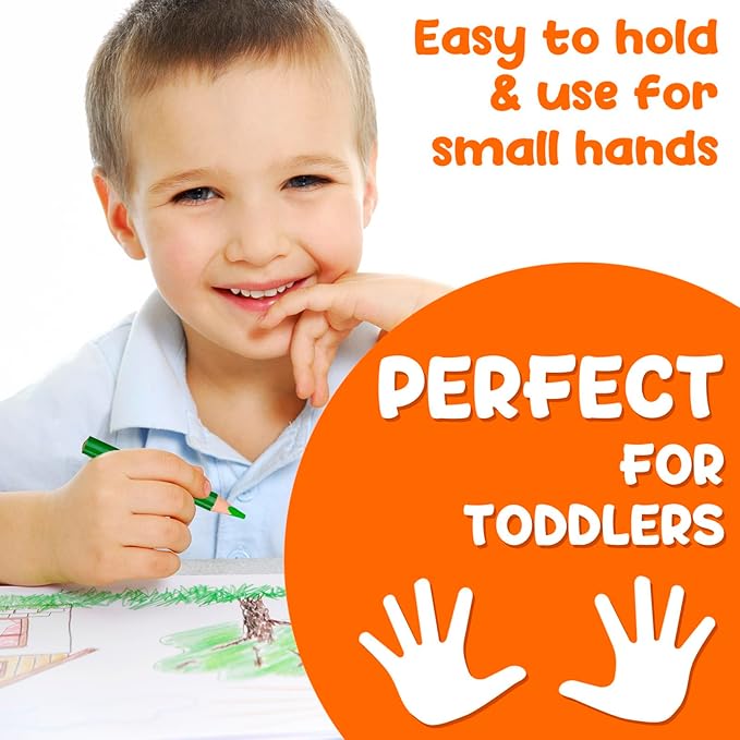 TinyGeeks Jumbo Pencils - NEW -12 Triangle Short Colored Pencils for Kids and Rainbow Pencil + Sharpener - Perfect for Preschool, Toddlers and Beginners + Recommended by Teachers & Experts