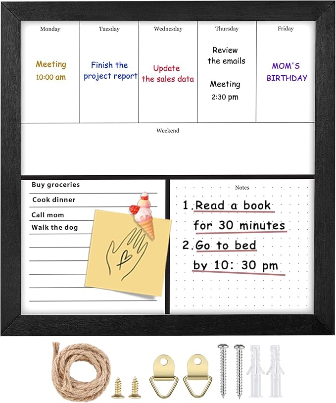 Umtiit Weekly Calendar Dry Erase Whiteboard 11.8 x 11.8 inch(30 x 30 cm), Black Wood Frame, Magnetic Surface Whiteboard for Planning/Schedule/School Timetable/Memo(ZLBB-3030BK,US)