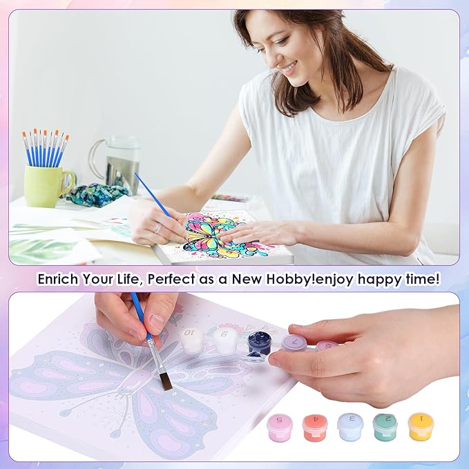 RoundFunny 8 Set Paint by Numbers Kit for Adults with 8x8 Inch Mini Simple Painting Canvas Wooden Frame Easel Acrylic Paints Brushes Funny Numbers Drawing Kit for Gift Home Wall Decor(Elegant Flight)