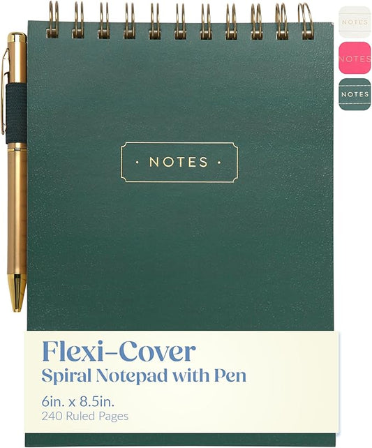 Eccolo Lined Top Spiral Notebook, Flexi-Cover Steno Pad with Pen Included (240 Perforated Pages), "Notes" A5 Notepad Ideal for Note Taking in School, College or Work (Green, 6x8.5 Inches)