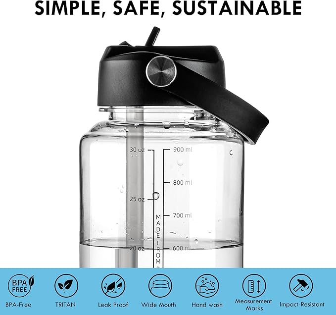 OLDLEY 32 oz Clear Water Bottle with Straw,Tritan BPA-Free, Wide Mouth, Leak Proof - for Gym, Travel, Home, School, Office (Clear)
