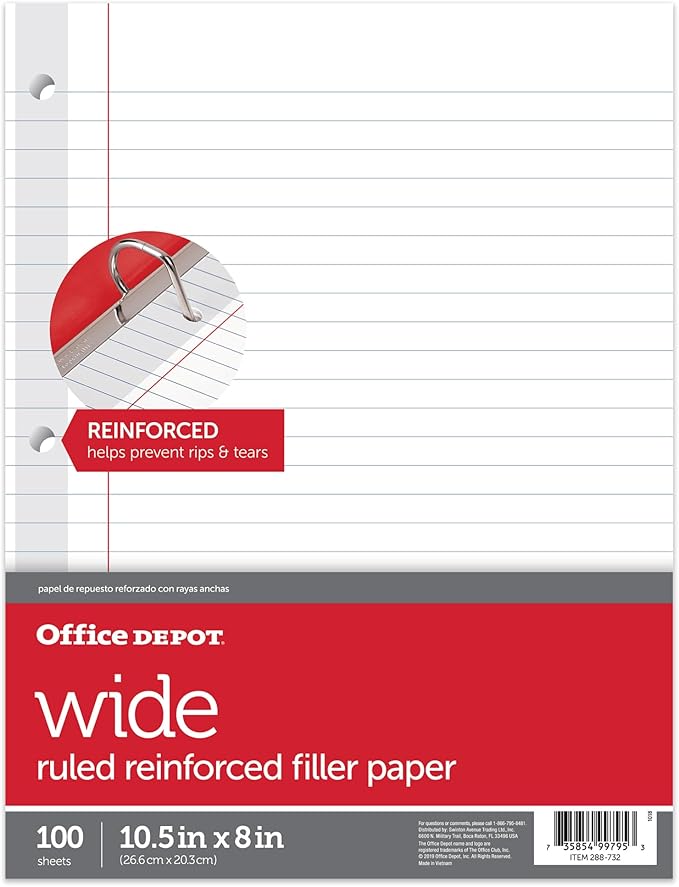 Office Depot® Brand Reinforced Filler Paper, 8" x 10 1/2", 16 Lb, Wide Ruled, White, Pack Of 100