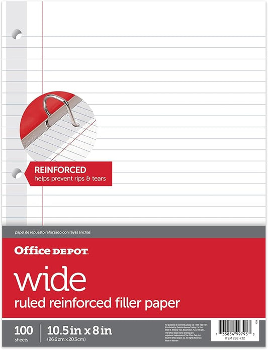 Office Depot® Brand Reinforced Filler Paper, 8" x 10 1/2", 16 Lb, Wide Ruled, White, Pack Of 100