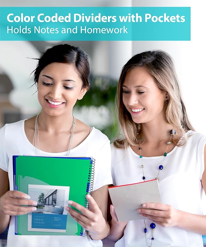 Dunwell 5-Subject Spiral Notebook, College Ruled (Blue), Colorful Movable Pocket Dividers with Tabs, Front/Back Plastic Covers, 200 Sheets (400 Pages) of 3-Hole Punch Perforated 8.5x11 Paper