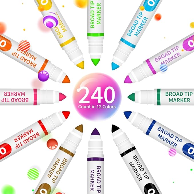 OSIMIG Washable Markers Bulk, 240 Count, 12 Assorted Colors, Markers for Classroom, Broad Line Conical Tip, Large Capacity, School Art Supplies for Kids