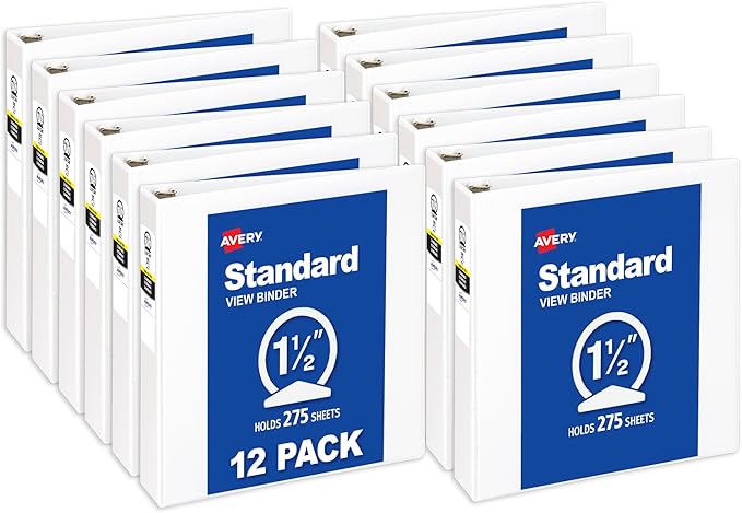 Avery Standard View 3 Ring Binders, 1.5" Round Rings, 275-Sheet Capacity, 2.1 Inch Wide Spine, White Binders, Ideal for Lightweight Organization and Occasional Referencing (12-Pack of 05726)