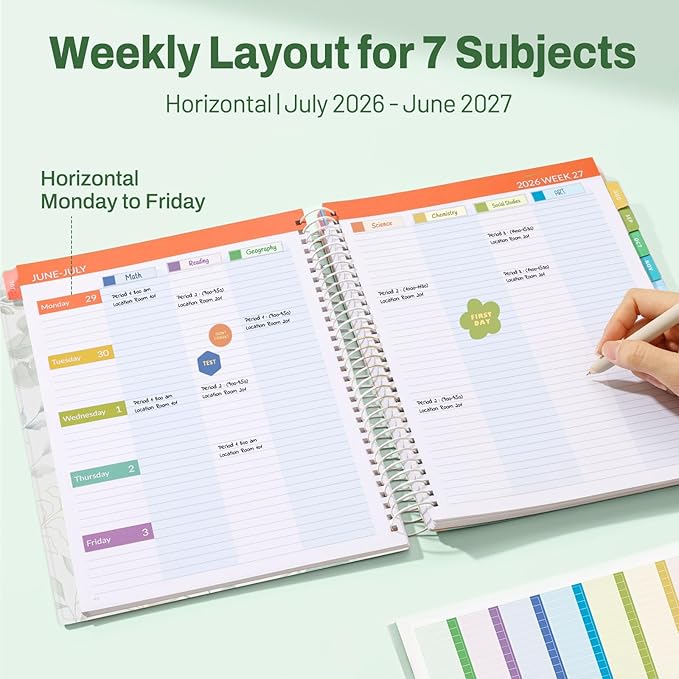 SUNEE Deluxe Teacher Planner 2026-2027, Lesson Planner Book with 7 Periods Jul 2026 - Jun 2027, 8.5" x 11" Weekly and Monthly Organizers with Colorful Tabs, Planning Stickers,120gms Paper, Full Leaf