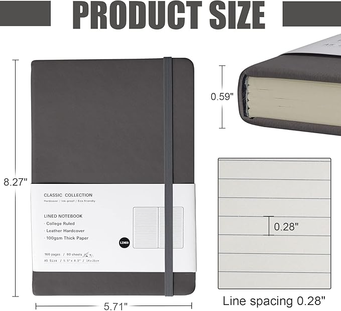 Lined Journal Notebook – Hardcover Notebook for Men & Women – Journals for Writing, Work, School, Home & Daily Notes, 160 Pages – Medium A5, 5.7"x8", 100 gsm Thick Paper (Dark Gray)