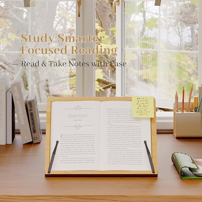 Large Bamboo Book Stand, Adjustable Book Holder, Music Stand - Lightweight and Stable for Cookbook, Textbook, Notebook, Desk Home Office Kitchen