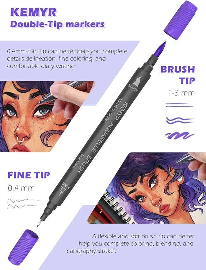 KEMYR Markers for Adult Coloring Books: 60 Color Dual Tip Fine & Brush Pens Water-Based Coloring Marker for Adults Drawing Sketching Bullet Journal Writing Lettering No bleeding