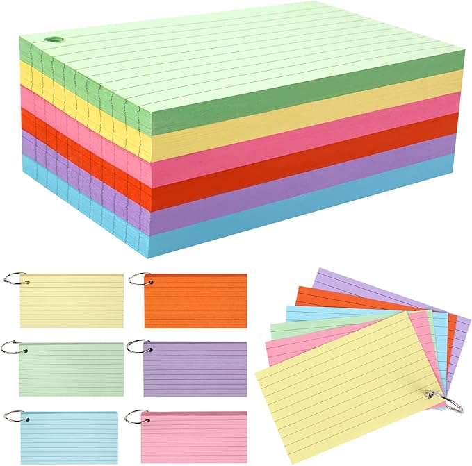 300 Sheets Colored Portable Index Cards 3x5 inches，Ruled Index Cards with Ring Lined Flashcards，flash cards for studying，Office School and Home（Six Colors，Each Color 50 Sheets Per Package）