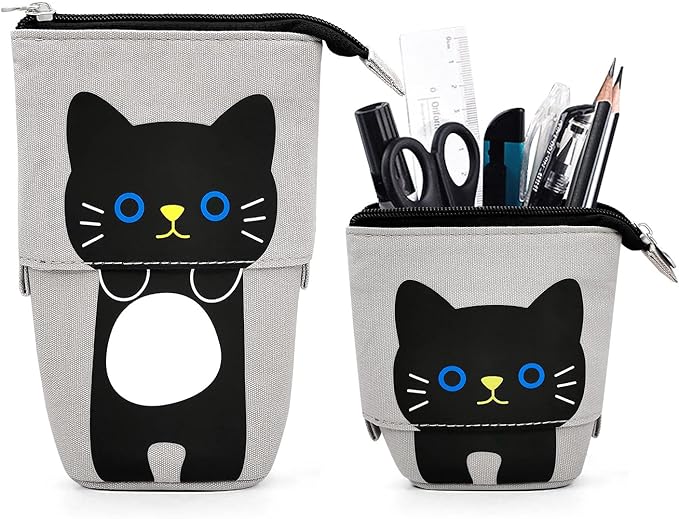 Cat Cute Standing Pencil Case for Kids, Pop Up Pencil Box Makeup Pouch, Stand UP Cartoon Christmas Gift Kids Pen Holder Organizer Cosmetics Bag, Kawaii Stationary (Black Cat)