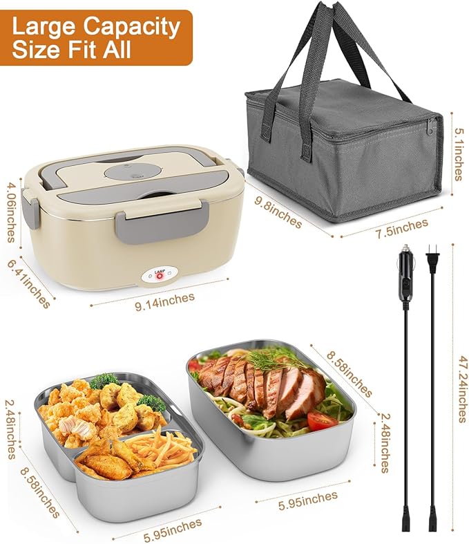 Geveniss Electric Lunch Box for Adults, Heated Lunch Box for Car and Truck, Portable Food Warmer for Office Work, 80W Fast Heating, Dual Removable 1.5L Stainless Steel Containers