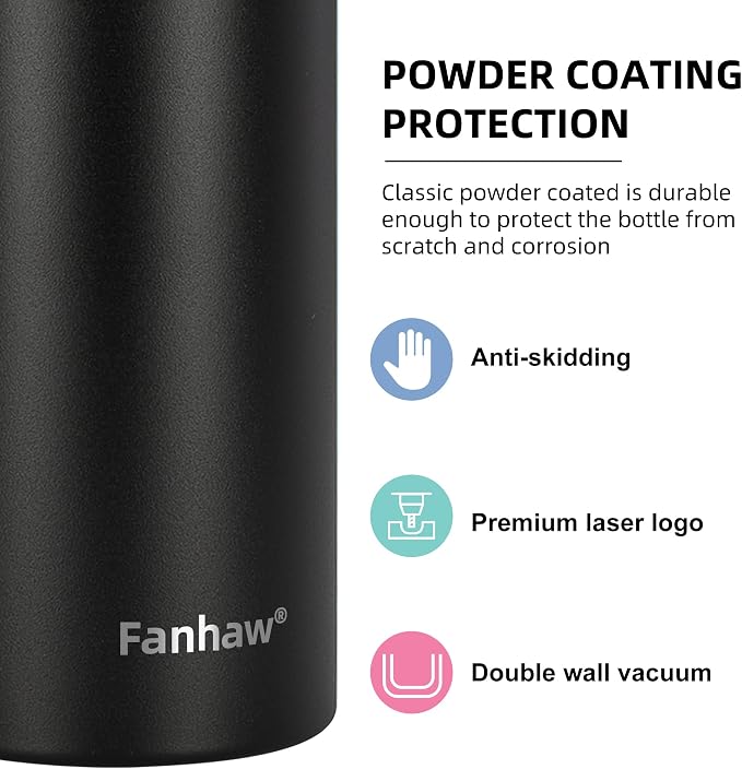 Fanhaw 24 Oz Kids Insulated Stainless Steel Water Bottle with Straw Lid, Leakproof & Anti-Dust Everyday Use Bottle for School, Women & Men, Back to School Essentials (Black)