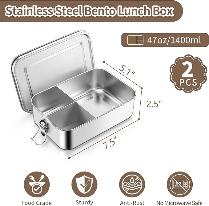 TeamFar 2 Pack Stainless Steel Bento Box, 47oz Metal Lunch Box with 3 Compartments for Adults/Kids, Lunch Food Containers for School/Work/Meal Prep, Leak-Proof & Dishwasher Safe, 1400ML