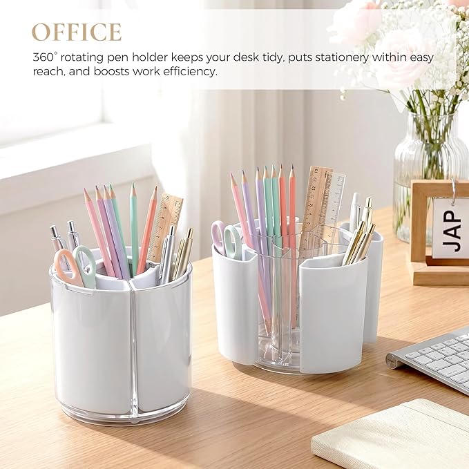 KONVINIT White Pen Holder for Desk, 5 Slots 360° Rotating Pen Organizer, Cute Desk Organizers and Accessories for School, Home, Office and Art Supply