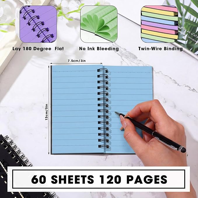 Jutom 10 Pcs Small Spiral Notebook Memo Pad 3x5, Black Cover 5 Color Page