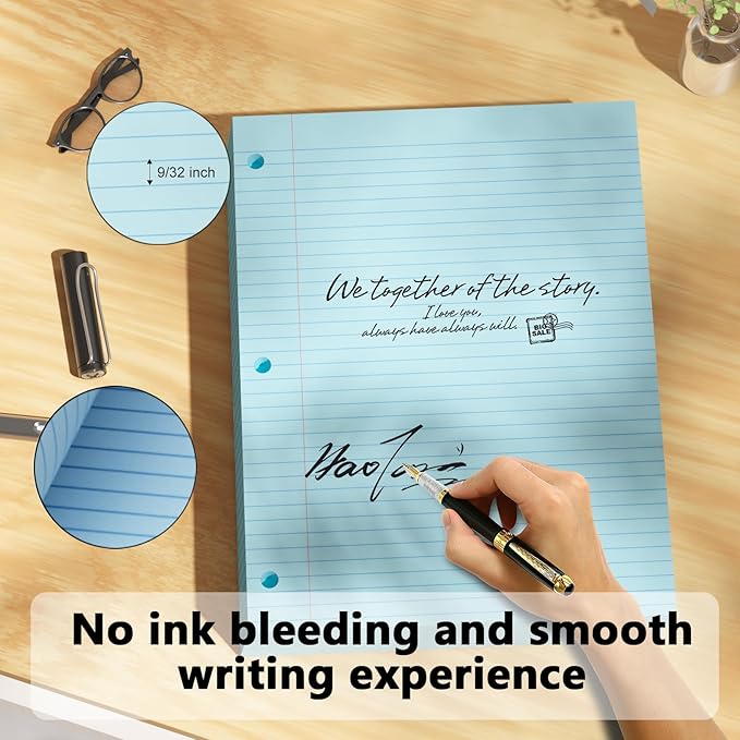 Blue Loose Leaf Paper 100 Sheets Colored Filler Paper 8 * 10.5 College Ruled 3-Hole Punched Paper for 3-Ring Binders Notebook Lined 8" x 10.5"