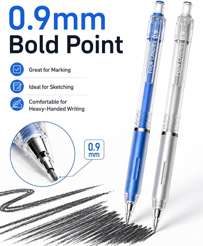 Four Candies Cute Mechanical Pencil Set, 3-Pack 0.9mm | 360 Lead Refills, 3 Erasers, 9 Eraser Refills, Non-Slip Rubber Grips, Aesthetic Design, for Bold Writing and Sketching