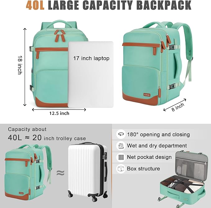 40L Travel Backpack, Water-Resistant Carry On Backpack for Men Women, Business Laptop Backpack for Trips & Commutes, Fits 15.6/17.3 Inch Laptop