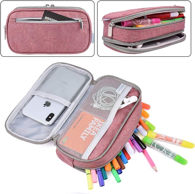Big Capacity Pencil Case Large Pencil Bag Pouch High Storage Pen Marker Holder 3 Multi Functional Compartments Office Desk Organizer Makeup Bag, Pink