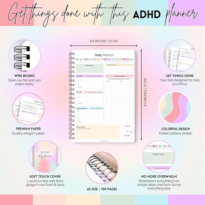 ADHD Daily Planner for Neurodivergent Adults - Productivity Daily Planner & Task Management to Stay Organized and Focused (Rainbow)